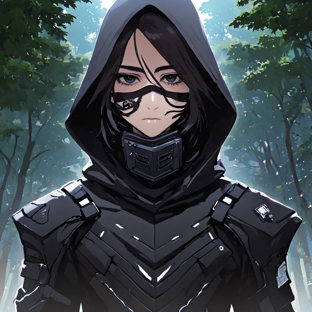 Wearing a hood with two goggle lenses sewn into the white mask on the hood, a detailed painting of Jin Homura, pixiv, shin hanga, highly detailed face, ahegao face, ((extreme detail)), biomechanical oppai but the armor covers his face, style, visor coverin...