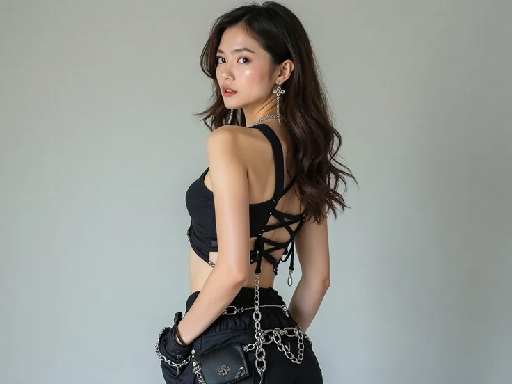 
This outfit flawlessly combines modern fashion with edginess and charm. It features a fitted sleeveless tank top with side cutouts and crisscross straps at the back, paired with high-waisted jogger-style pants adorned with straps, chains, and a stylish mi...