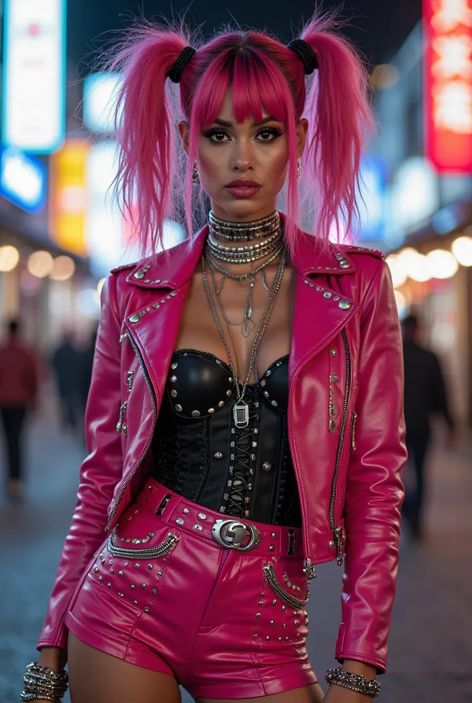 

---

Ultra-realistic, high-fashion street portrait of a confident female performer with a bold and edgy style, set against a vibrant urban backdrop at night. She wears a striking hot pink leather jacket adorned with metallic studs and chains, paired with...