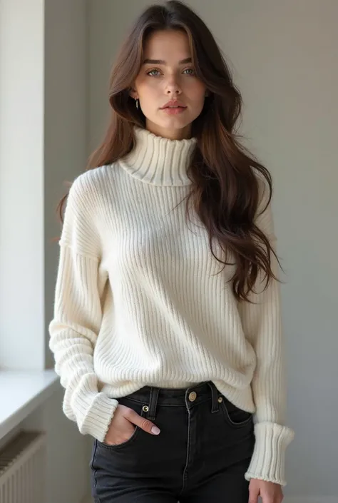 Russian girl, 25 years, brown eyes, long dark brown hair, wearing white sweater, black jeans, realistic photo, ultra realistic, slim, relaxing, low, full body view, stylish girl, full body, full body view