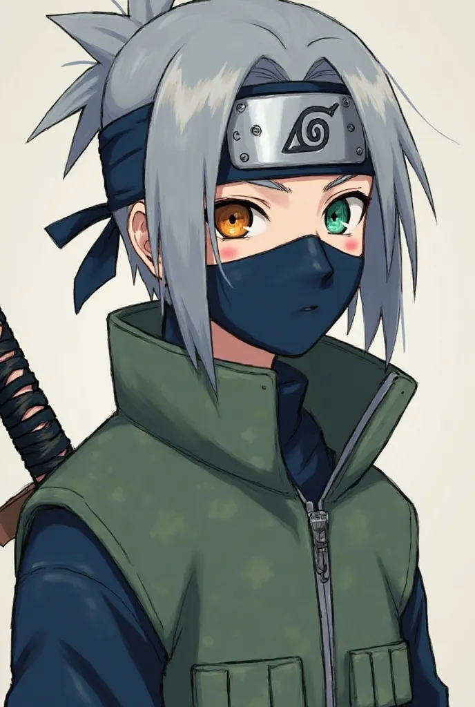 shinobi , pale skin, dirty grey hair with bangs on the right side of the face, right eye emerald,  left eye amber , wearing a blue jumpsuit and a green high-neck vest, with a face mask and Konoha protector on his forehead and a katana behind his back.