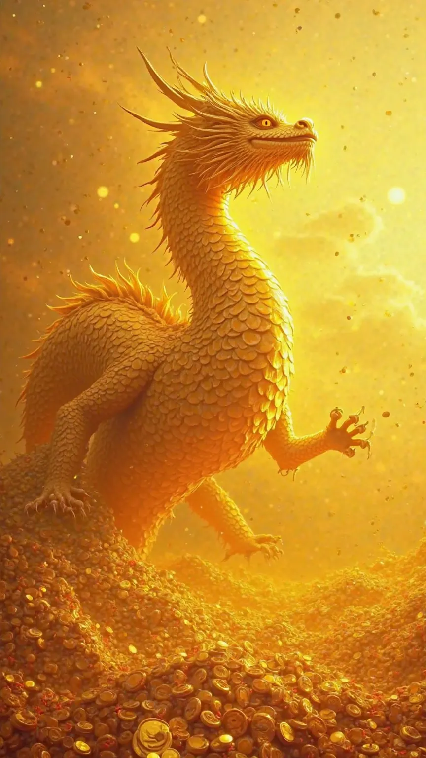 Huge golden dragon, huge scales surrounded by gold coins, sharp eyes, rising to the sky, golden sea in the background, divine atmosphere.