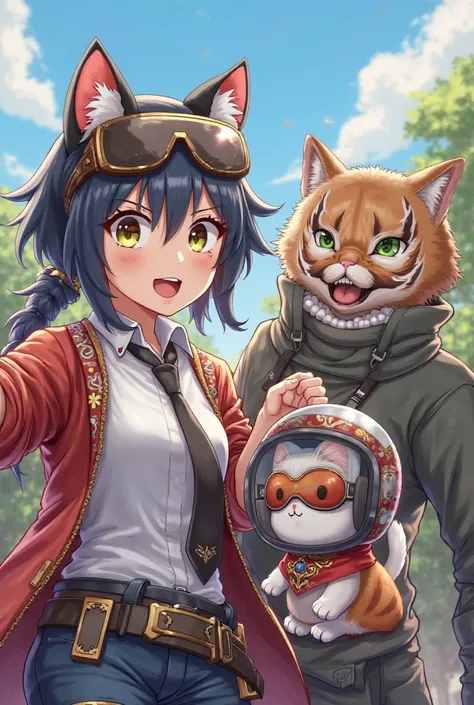 Cute charecter from game "Pubg mobile" taking selfie with cute cat wearing helmet , and with charecter Gojo from anime "Jujutsu kaisen 2" . On the same picture . Style anime