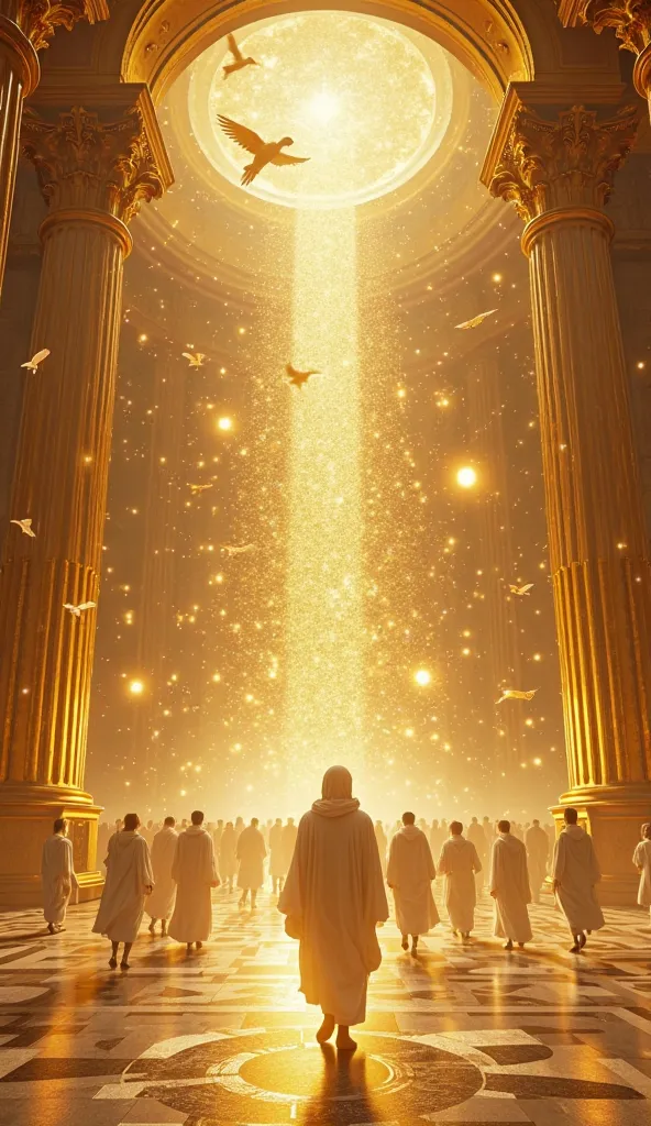 An ultra-realistic point-of-view image (throw), capturing someone's first-person perspective entering a majestic heavenly golden hall, surrounded by immense glittering columns and divine architecture. The environment shines with an ethereal light that eman...