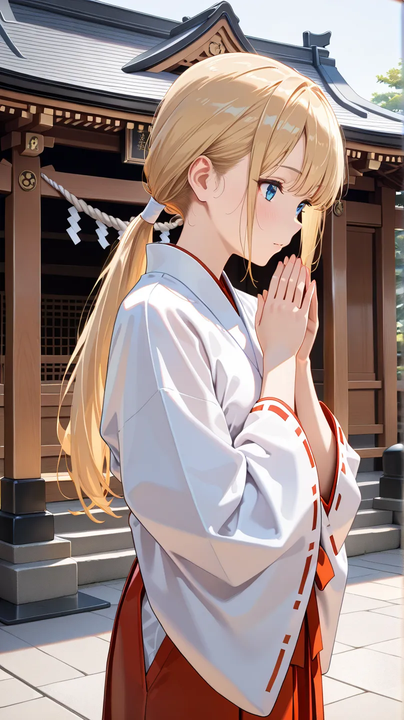 high definition, masterpiece, accurate, anatomically correct, 最high quality, high detail, high quality, very detailed, textured skin, 1 girl,huge bleasts,blonde hair,Ponytail,blue eyes, miko,japan shrine,cowboy shot,