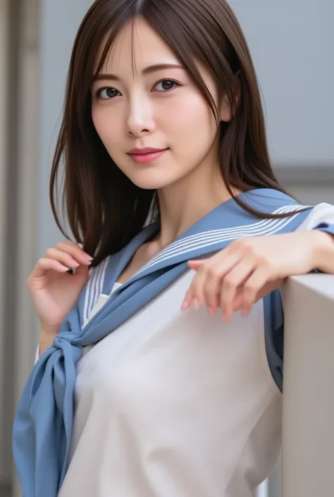 4K,Masterpiece,Top Quality, Detailed Description ,Photorealistic, Natural Light, One Girl, Dark Straight Hair, Smiling Face, Sailor Suit,((upper body))(looking,for viewer)).live action , Genuine, cute young girl , beautiful reflective eyes , beautiful deta...