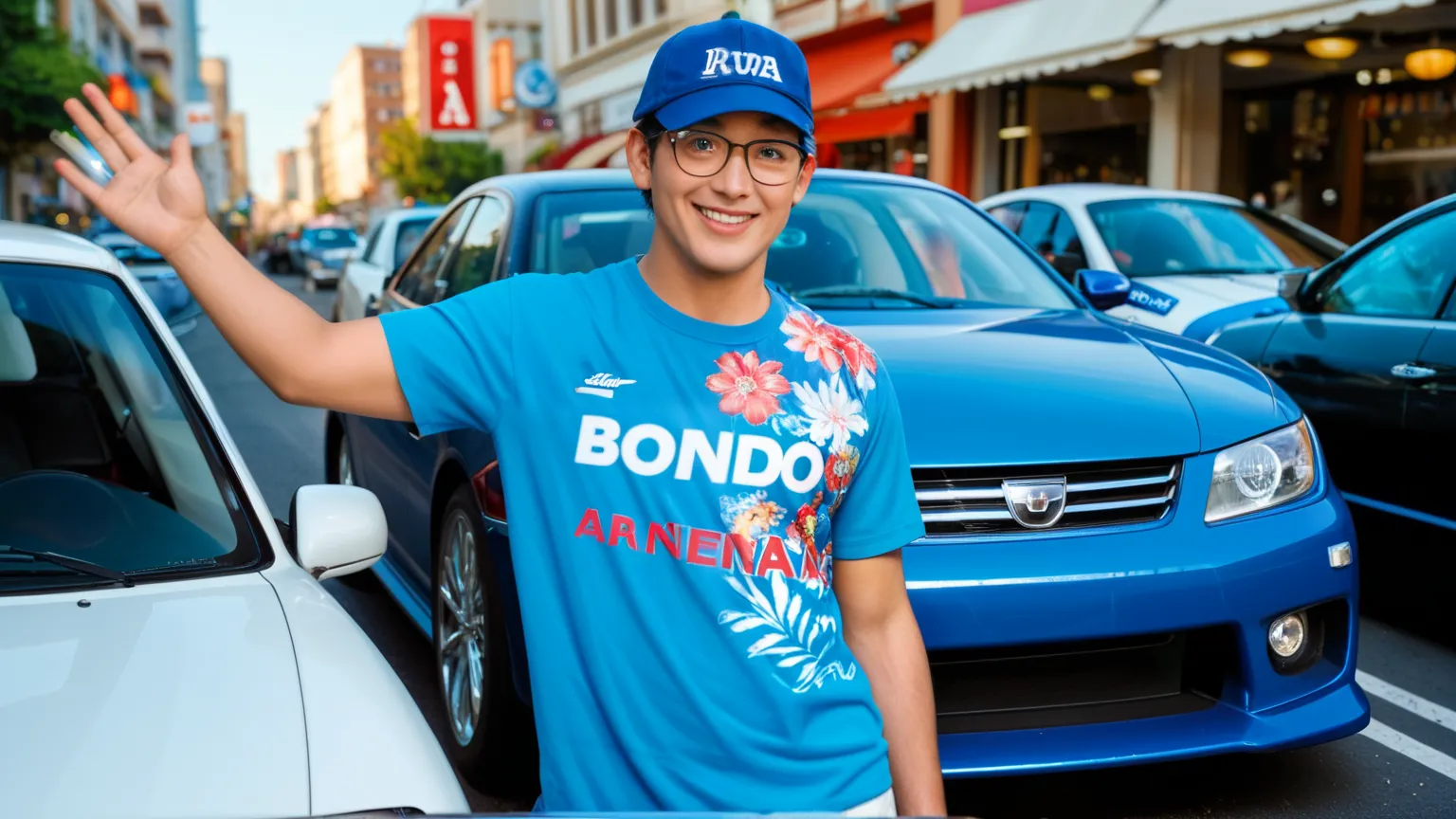 ""A indonesian man, proporsional body, 50s, smile, wave hand, glasses, clean face, wear polo cap hat color dark blue circle text ' gie ' circle embossed, wear jacket brown and t-shirt batik floral pattern, left tag name circle bold small  " giefano ", stan...