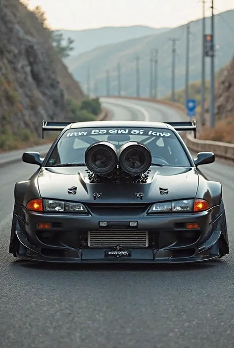 A Matt black 1990's Nissan Silvia with a rocket bunny body kit and turbos hanging out the hood but the turbos has to be like the ones on the hoonigan mustang