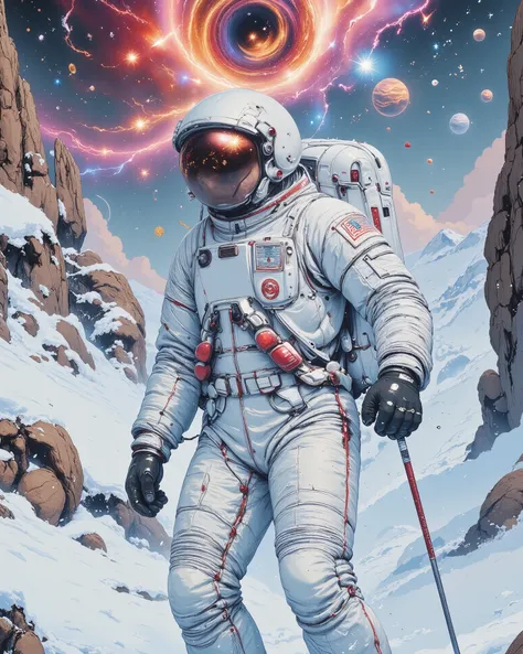 "A futuristic astronaut wearing a detailed, high-tech white spacesuit with red accents, skiing down a snowy mountain on an alien planet. The sky is filled with stars, distant planets, and a nebula with a fiery red and blue glow. The astronaut’s reflective ...