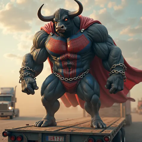 "A hyper-realistic, ultra-muscular anthropomorphic [bull] standing confidently on a massive truck trailer, chained down like an unstoppable force. The creature has a powerful physique with exaggerated muscles, wearing a superhero costume inspired by [spide...