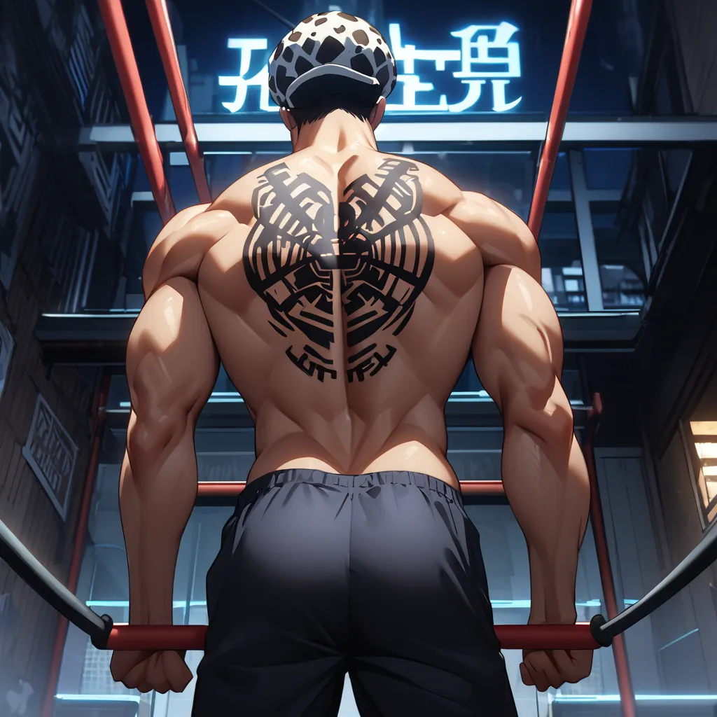 trafalgar law、Park in a residential area at night、Tragalfaro shows off his back muscles by doing pull-ups with a horizontal bar in the park、On the chest of the T-shirt I'm wearing「The JTX 」 is written in bold letters、solo、full body、 back view、HD、Super Deta...