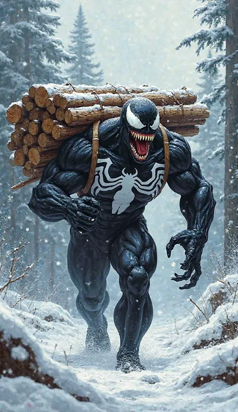 	A powerful, detailed illustration of Venom, the iconic black symbiote character from Marvel Comics, carrying a large bundle of firewood on his back in a snowy, forested landscape. Venom is depicted in his muscular, black form with white spider-like patter...