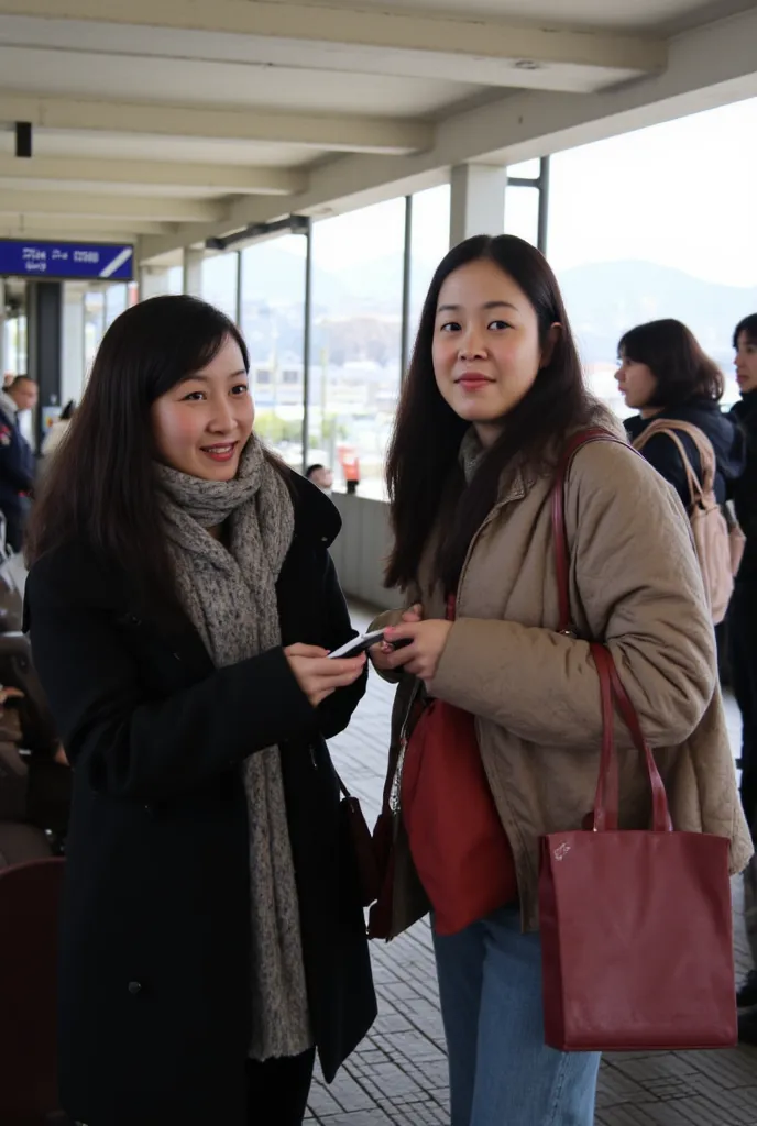 Women meeting up in front of the station、japanese woman、Winter clothing、 looking at my smartphone、Telephoto shooting