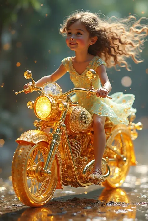 "A stunning and unique motorcycle made entirely of glass, precious stones and pure glass. Its shiny body is studded with beautiful prints and jewels, making it a masterpiece. The design of the bike is small and charming, as if it came from a fairy tale wor...