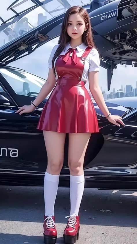 full body , curvy figure, cute  teen  curvy beautiful schoolgirl  , beautiful cute teen face, curvy beautiful cute teen face with big lips , High Waisted red leather skater pinafore dress, blouse short puffy sleeves , High Waisted red leather  skater dress...