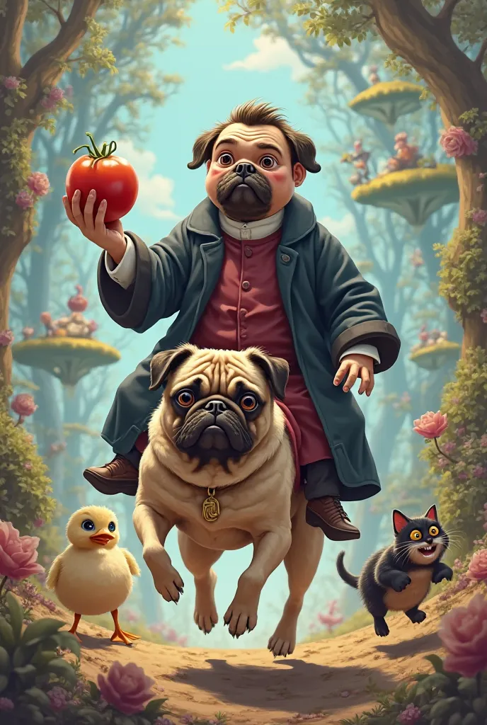 A priest rides a pug through Wonderland, holds a tomato in his hand, a duck and a Cheshire cat are running nearby