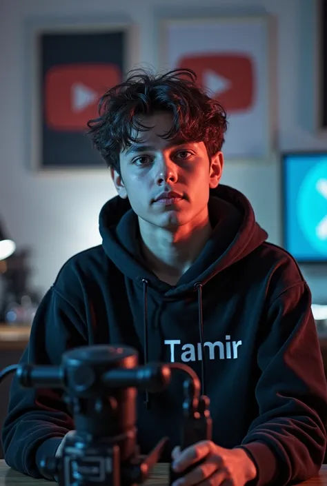 A 14 old boy who have a  mature looking like a man facing in front. He is a YouTube content creator, sitting in his studio with futuristic gadgets, and there is mic near him, wearing a black hoodie has Tamim written on it.  there are 2 posters of YouTube i...