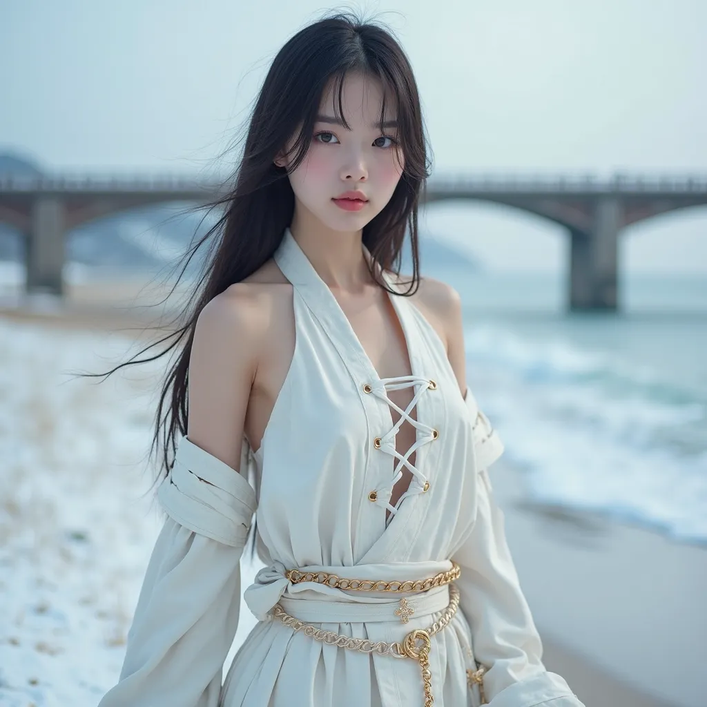 Beautiful Korean girl with sexy hot body body with cruves and she have beautiful eyes pink lips and and blue eyes and beautiful absurdly long hair wearing a white full body Ninja full body suit one sleeve mode of shoe laces  have gaps and v neck add shoe l...