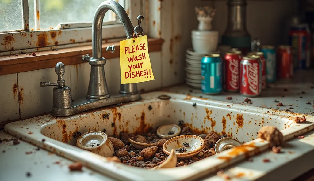 A kitchen sink overflowing with dirty dishes covered in old food, mold, and flies. The countertop is cluttered with empty soda cans and unwashed coffee cups. A sticky note is attached to the faucet, reading 'PLEASE WASH YOUR DISHES!!!' in bold red letters.