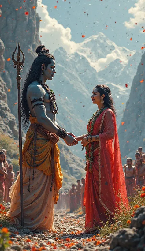 "A grand and divine scene where Lord Shiva and Goddess Parvati’s wedding is taking place. Amidst the sacred valleys of the Himalayas, the celestial wedding is being celebrated in the presence of gods and sages. Lord Shiva, adorned with matted hair holding ...