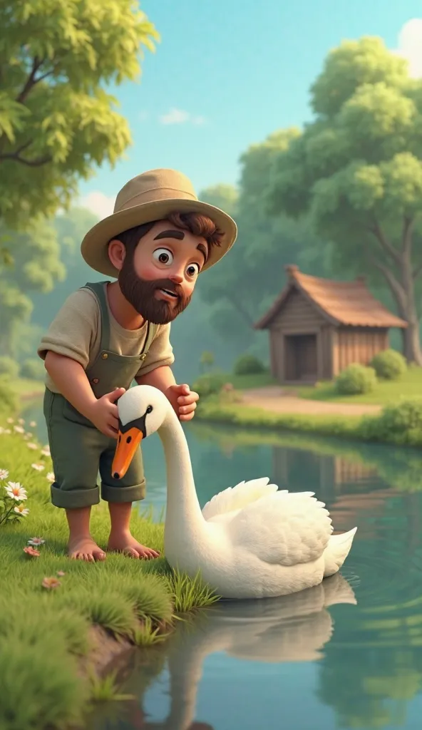 A peaceful riverside scene with a poor farmer discovering an injured swan. The swan lies on the grassy riverbank, its wing slightly bent. The farmer, dressed in simple clothes, gently lifts the swan with a concerned expression. The background features a sm...