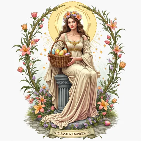 Create a detailed, hand-drawn graphic design illustration in a vintage, mystical art nouveau-inspired style, featuring a majestic Easter Empress, elegantly seated on an ornate stone pillar, holding a beautifully decorated Easter basket filled with vibrantl...