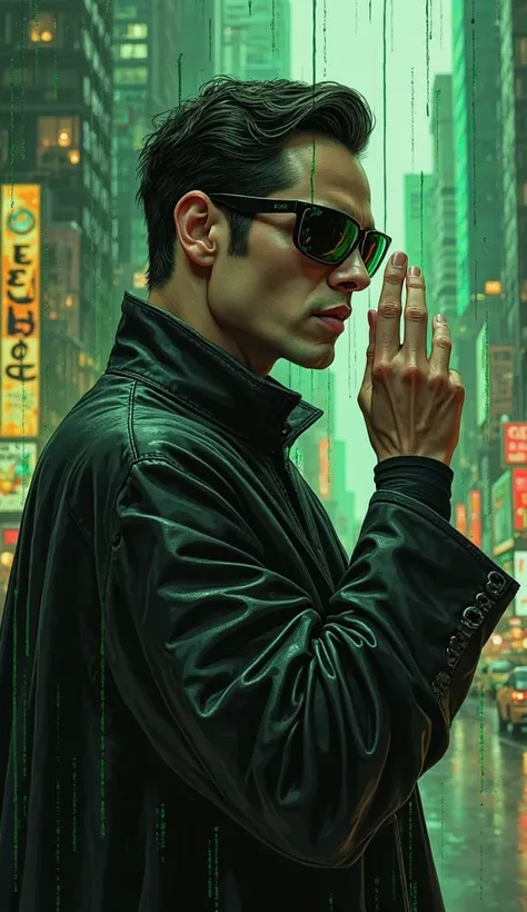 A breathtaking 2D hand-drawn illustration of Neo, captured in a mid-shot side-profile, as he adjusts his iconic black sunglasses. The sleek, minimalistic frames subtly reflect the green cascading lines of the Matrix code, hinting at his ability to perceive...