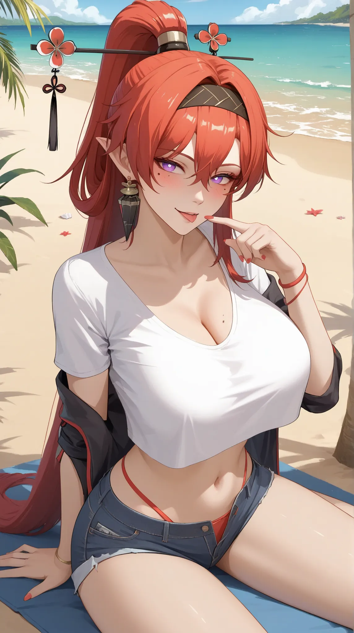 ((Yinlin, red hair, mole under eye, purple eyes, hair stick, hair ornament)), 1girl, huge breasts, huge butt, thick thighs, sensual woman, mature female, blushes, cleavage, source_anime, quality_masterpiece, anatomically correct, beautiful face, perfect fa...