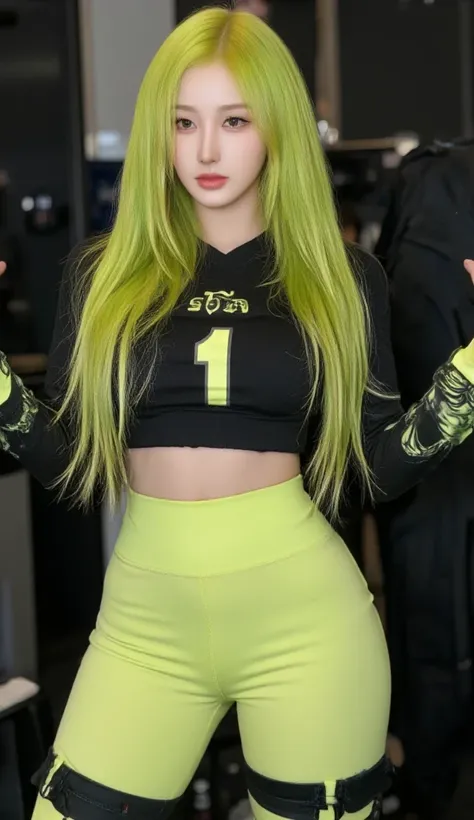 best quality, highly detailed, masterpiece, 4k, 8k, nice lighting, small breast, small waist, slim toned body, curvy body, medium sized butt, lime green hair, wearing a black cropped jersey with lime green designs and number 1, lime green leggings with bla...