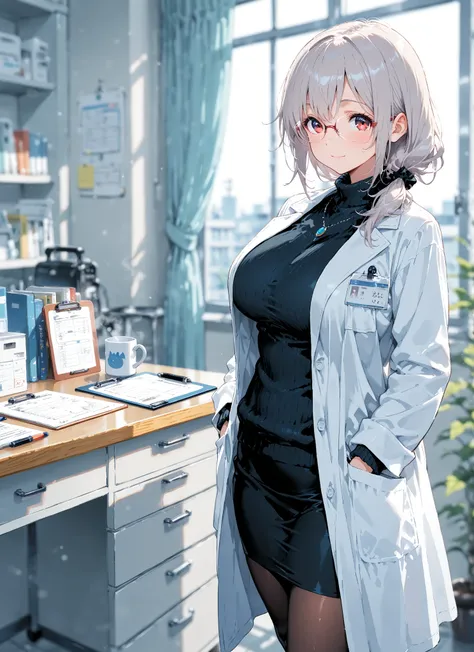 (masterpiece, TOP QUALITY, great quality, is ridiculous, very aesthetic),beautiful woman,(shadows:1.2) , Blurred background:0.3)
BREAK 25years old, 25 year old woman with extended breasts、Low ponytail,side ponytail, 1girl , doctor, white lab_coat, sweater,...