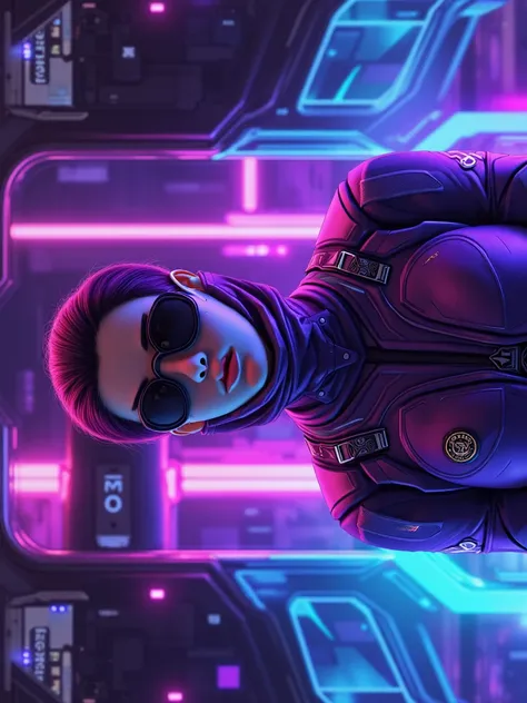 Make this image into a cyberpunk purple background and add futuristic unifom