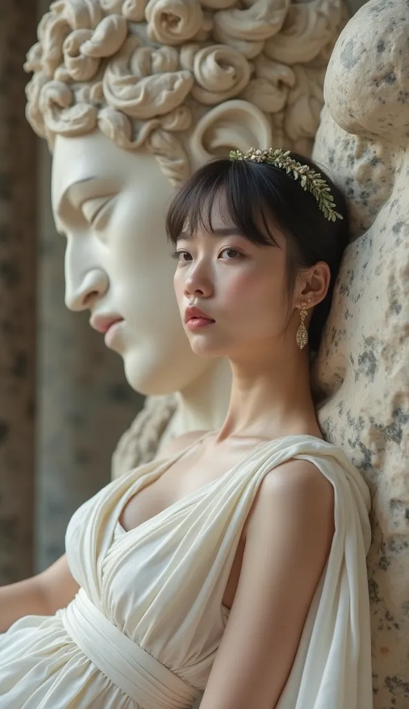 [chairman]: Asian man, 22 years old, fat like a gay bear , unclothed ,wearing a traditional Roman white dress, } Short hair with an olive leaf bow on her head,viewer look,, lying on marble, showing right armpit,viewer look.
[environment /  Background Conve...