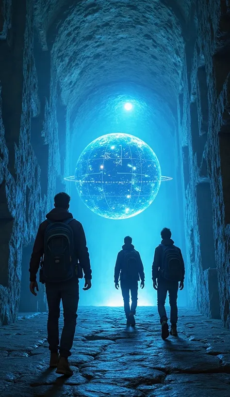 The temple of infinite energy
Three explorers in the same clothing and backpacks walk down a corridor illuminated by a strange blue light emanating from the walls.. In the end, they find an altar with a floating sphere made of unknown material, slowly revo...