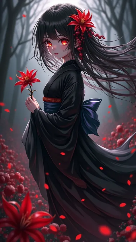 A woman wearing a black Japanese kimono with red eyes, Red spider lily、Anime painting by Jin Homura,  pixiv contest winner, Gothic art,  Gothic Maiden anime girl , Anime girl wearing a black kimono , Devil Anime Girl, 1  anime goth girl  , With glowing red...