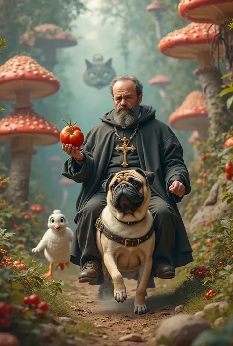 Realistic priest rides a pug through Wonderland, holds a tomato in his hand, a duck and a Cheshire cat are running nearby