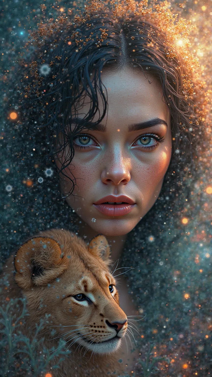 Colorful, Sci - Fi, Otherworldly, Realistic, beautiful woman dramatic face with a baby lion, Make image with aspect ratio 1:1