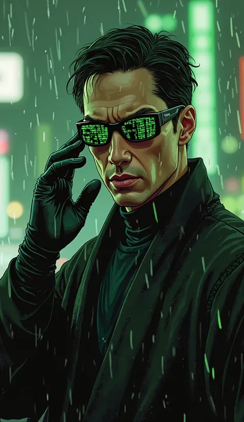 A masterfully hand-drawn 2D illustration of Neo from The Matrix, captured in a candid mid-shot side profile, as he adjusts his iconic black sunglasses—sleek, minimalist frames reflecting cascading green Matrix code. From the left lens, a holographic projec...