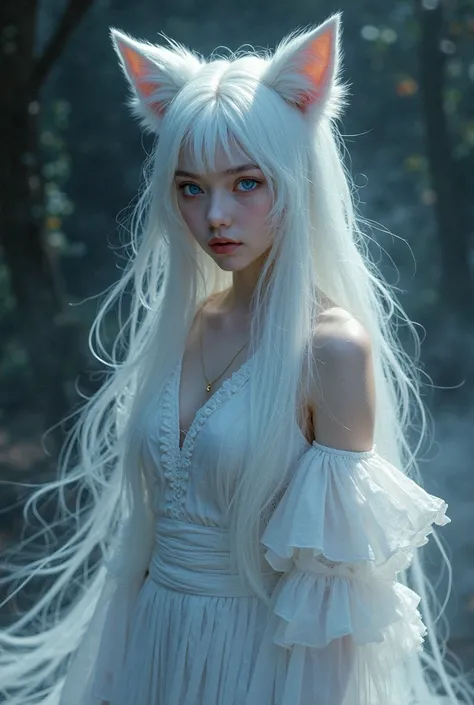 A beautiful kitsune girl with long white hair and blue eyes, in a white dress against a dark landscape background 