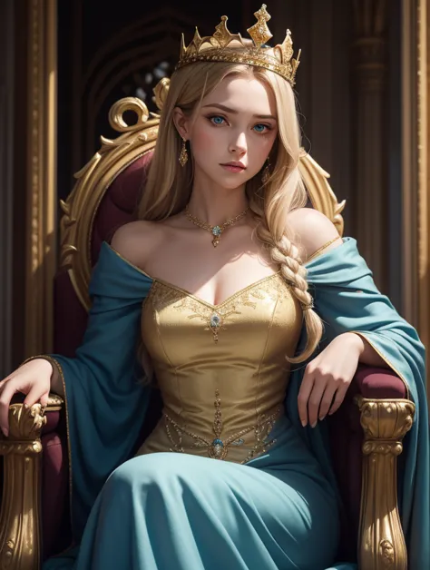 The queen sat upon her throne, her back straight, her chin lifted in defiance. She wore a gown of deep blue, embroidered with gold thread, a symbol of the kingdom’s former glory. Her golden crown sat firmly upon her head, though she knew it might soon be t...