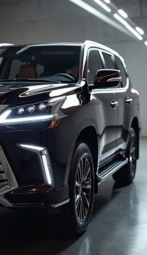 "A high-definition side view of a shiny 2025 Lexus LX 600, showcasing its sleek and elegant design. The SUV's polished surface reflects light beautifully, emphasizing its smooth curves and luxurious details. The vehicle is highlighted under soft, ambient l...