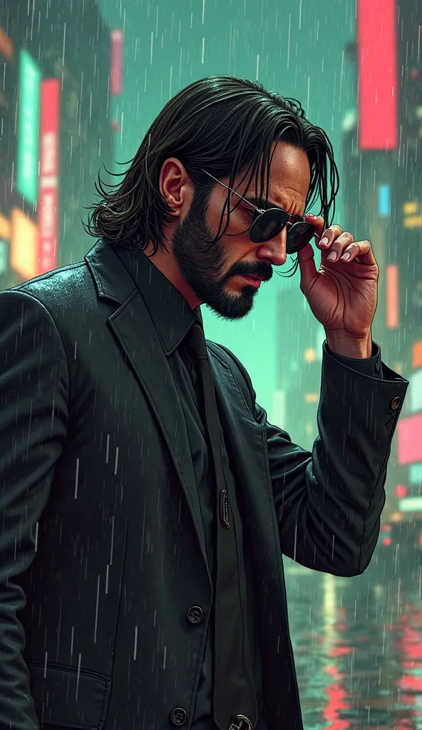 A breathtaking 2D hand-drawn illustration of John Wick, captured in a mid-shot side-profile, adjusting his iconic black sunglasses with an expression of calm, lethal focus. His chiseled face, rugged beard, and flowing shoulder-length hair are meticulously ...