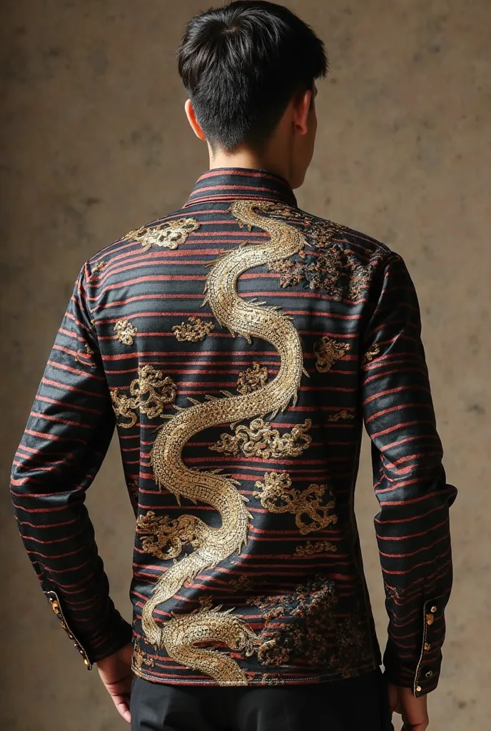 Shirt style: turtleneck or turtleneck shirt ( mandarin collar )

 Fabric : silk or high quality cotton

Dragon Pattern:

Chinese Traditional or Modern Dragon Pattern

Striped position, such as on the back of a shirt or sleeve

Striped colors such as gold, ...