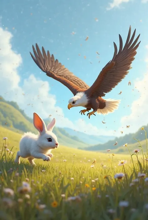 The bunny runs across the field and lets the eagle fly and wants to catch the bunny