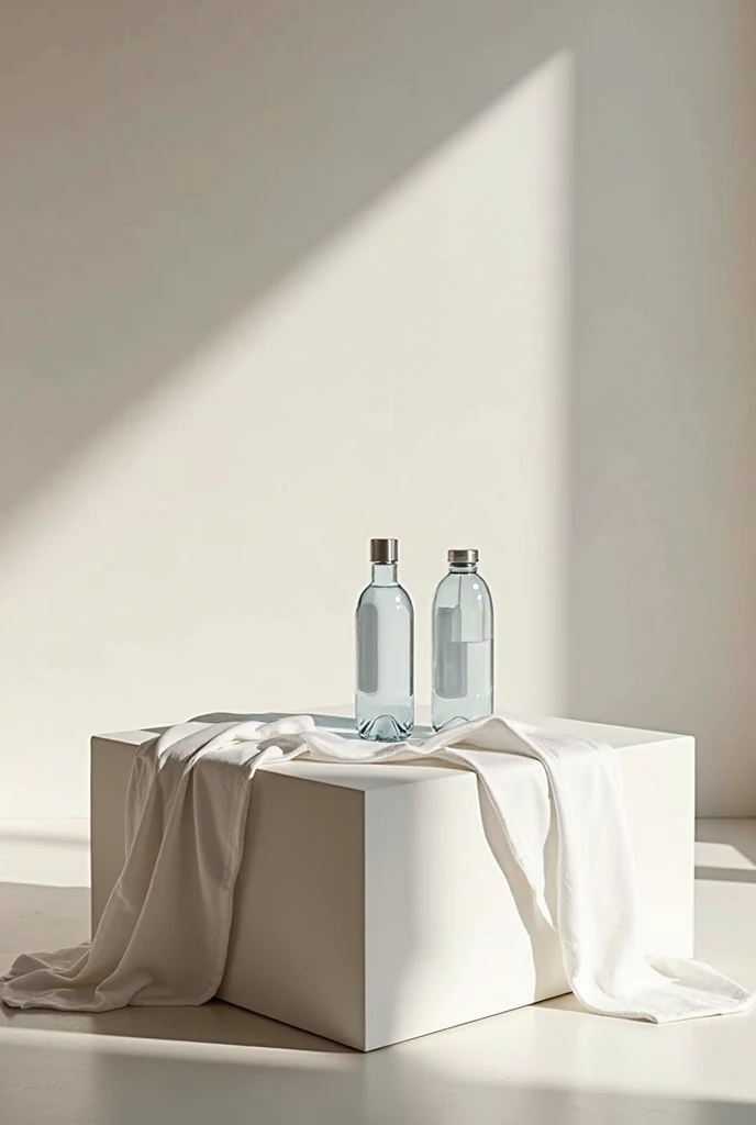 Cube coffee table with white cloth and water bottles on it