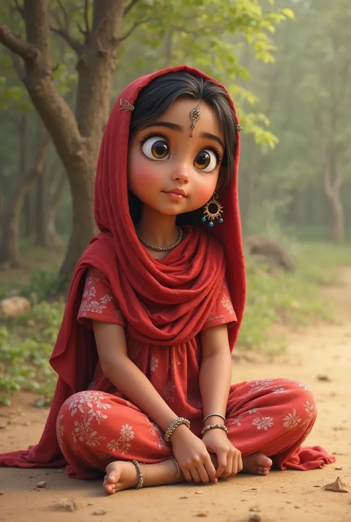 Rupa (The )

Age: 6-

Dress: Traditional village-style red frock with white floral prints and a red scarf draped over her head.

Footwear: Barefoot or simple brown sandals.

Accessories: Small silver anklets, a simple bangle.

Expression: Innocent, curious...