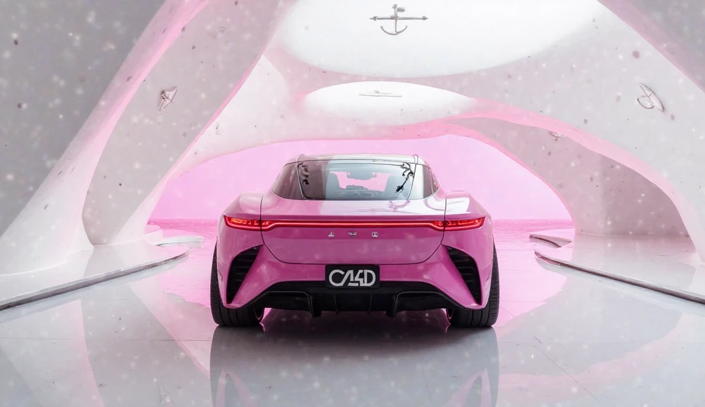 A captivating and futuristic image of the2026  Volvo c40 is displayed in a luxurious white showroom. The car is painted in a striking vibrant lite pink hue, emphasizing its sleek, aerodynamic design with bold accents that highlight the cutting-edge innovat...