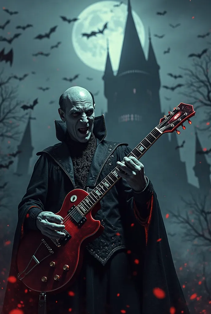 Count Dracula in the foreground playing the electric guitar and in the background the castle and bats at night add logo "The Count of Lomas"