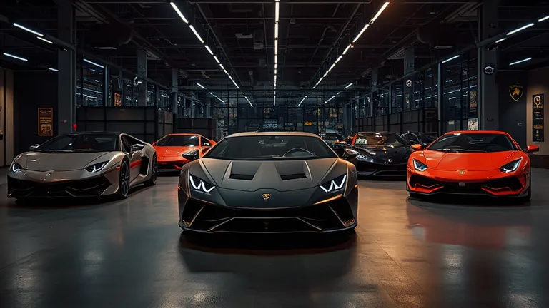 A Lamborghini Huracán STO parked alongside other Lamborghini models inside a state-of-the-art showroom. The lineup showcases different supercar variants in high detail. Ultra HD 8K.
