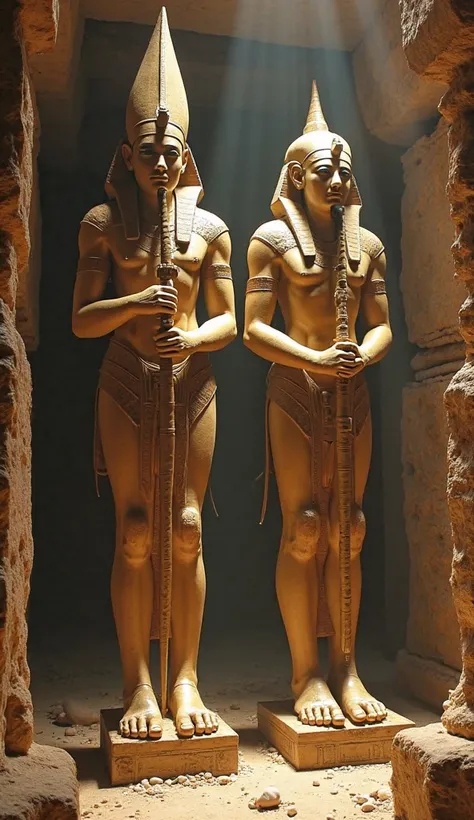 The guardians of the other world
Two archaeologists wearing the same clothes and backpacks find two colossal statues inside an underground chamber. They do not represent Egyptian gods, but humanoid figures with smooth armor and featuless faces. In their ha...