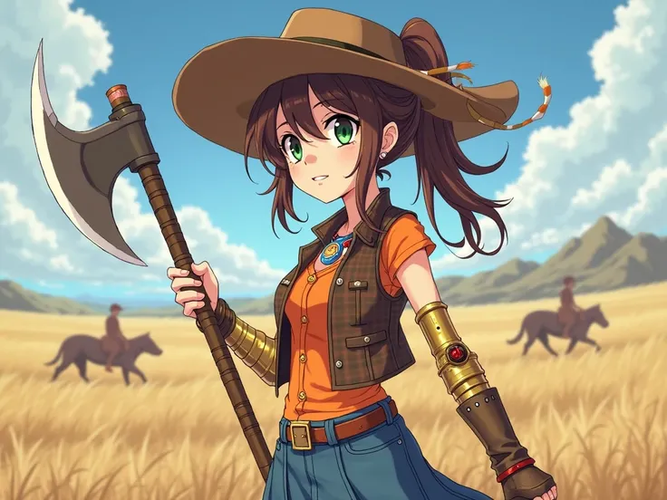 anime busty tomboy brown cowgirl hat rough brown ponytail hair right eye covered by red orange yellow highlights green left eye band aid on nose two buck teeth blue fire charm necklace with ruby brown sleeveless western vest orange plaid short sleeve shirt...